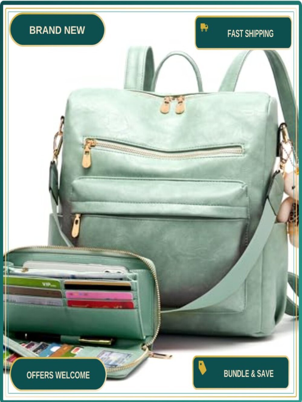Vegan Leather Backpack Purse Shoulder Handbag Travel Bag Set 2pcs